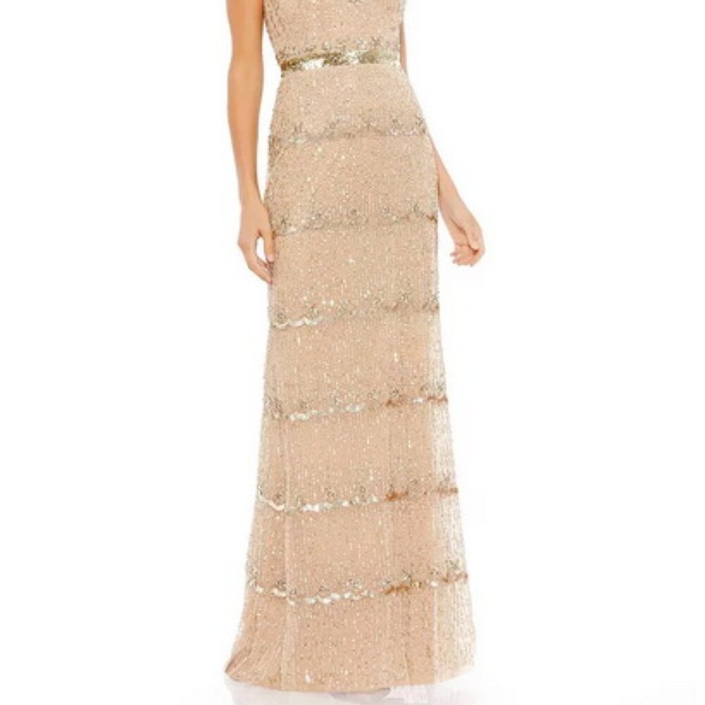 Mac Duggal Nude Beige Gold Cap Sleeve Embellished Column Gown - Picture 2 of 5